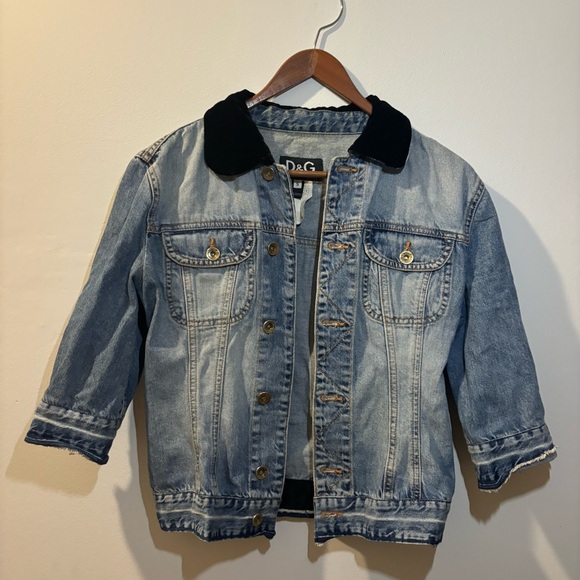 90s Dolce & Gabbana Crop Denim Jacket with Velvet Collar - Picture 1 of 7